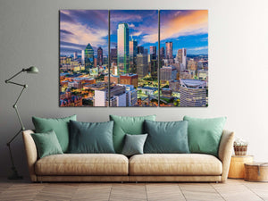 Dallas, Texas, Skyline at Dawn Wall Art Canvas Leather Print, Made in Italy!