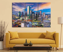Load image into Gallery viewer, Dallas, Texas, Skyline at Dawn Wall Art Canvas Leather Print, Made in Italy!