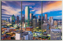 Load image into Gallery viewer, Dallas, Texas, Skyline at Dawn Wall Art Canvas Leather Print, Made in Italy!