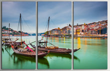 Carica l&#39;immagine nel visualizzatore di Gallery, 3 Panel Porto, Portugal Douro River with Traditional Rabelo Framed Canvas Boats Leather Print