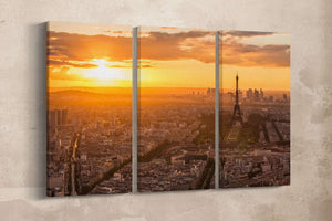 Paris, Eiffel Tower Aerial View at Sunset Canvas Eco Leather Print, Made in Italy!