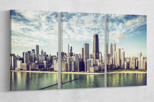 Chicago Skyline aerial view by the beach framed canvas leather print