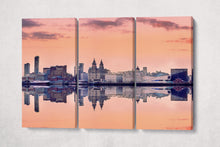 Laden Sie das Bild in den Galerie-Viewer, Liverpool Skyline Pink Sky Panoramic Print Ready to Hang Canvas Eco Leather Print