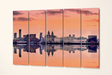 Laden Sie das Bild in den Galerie-Viewer, Liverpool Skyline Pink Sky Panoramic Print Ready to Hang Canvas Eco Leather Print