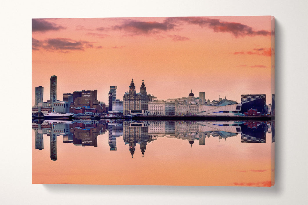 Liverpool Skyline Pink Sky Panoramic Print Ready to Hang Canvas Eco Leather Print