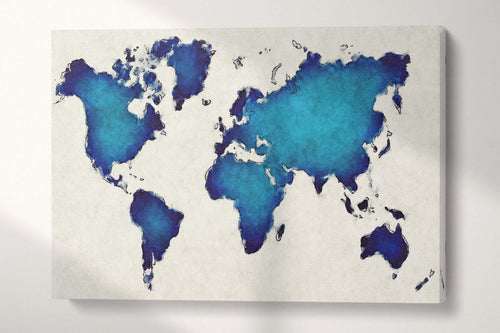 Blue Artistic World Map on White Background Canvas Eco Leather Print