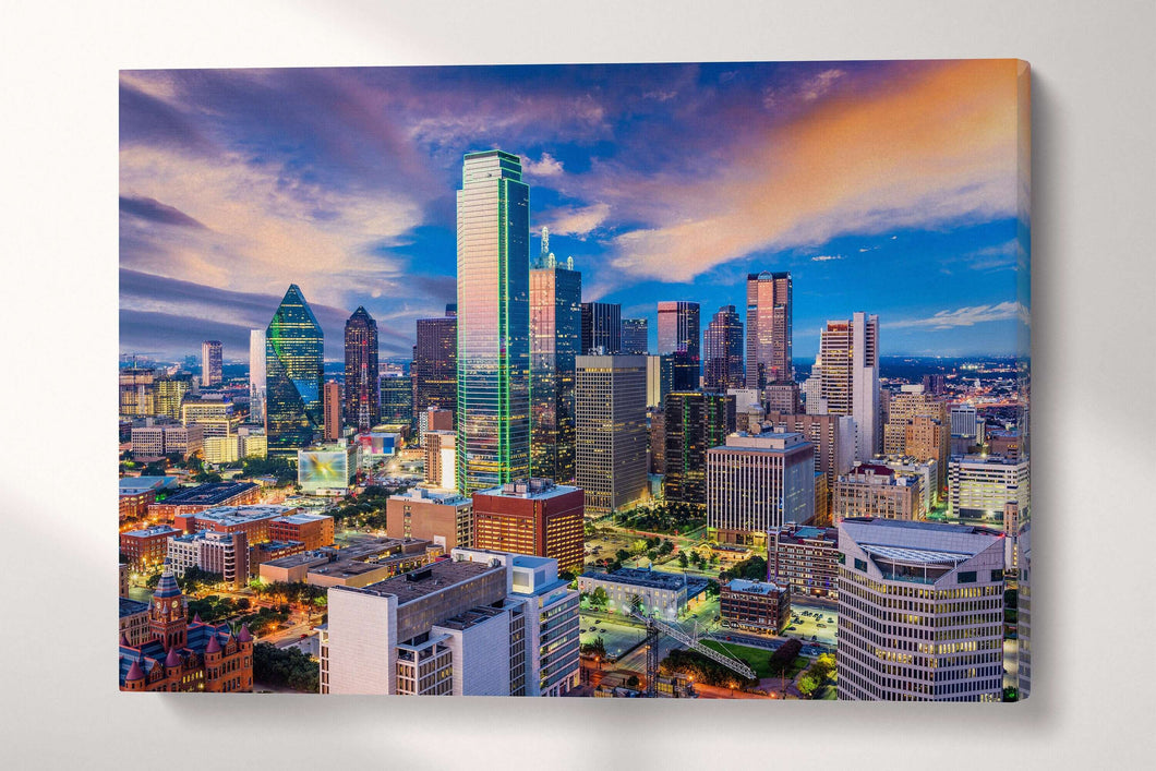 Dallas, Texas, Skyline at Dawn Wall Art Canvas Leather Print, Made in Italy!