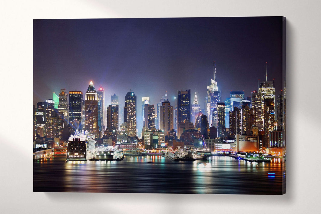 New York City Manhattan Skyline over Hudson River Leather Print, Made in Italy!