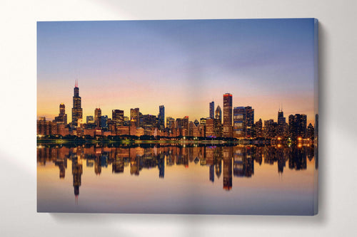 Chicago Skyline at Dusk Canvas Eco Leather Print, Made in Italy!