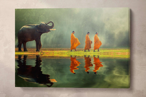 Elephant walking with buddhist monks canvas eco leather print