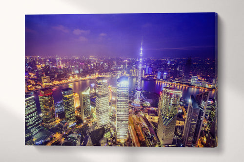 3 Panel Shanghai Skyline at Night Framed Canvas Leather Print