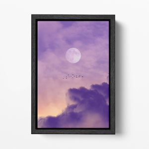 Full Moon In Cloudy Pink Sky Canvas Eco Leather Reproduction Print, Made in Italy! Black Frame