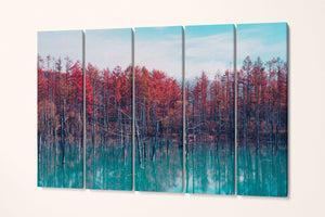 Red Trees Blue Pond Reflection Hokkaido Japan Wall Art Canvas Eco Leather Print 5 panels