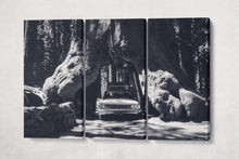 Laden Sie das Bild in den Galerie-Viewer, Vintage Car in Giant Sequoias, Yosemite Black and White Canvas Eco Leather Print 3 panels