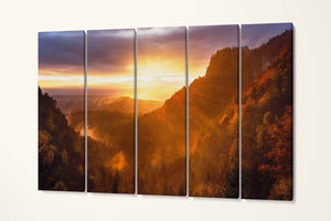 Mountains Dramatic Sunset Wall Art Canvas Eco Leather Print 5 Panels