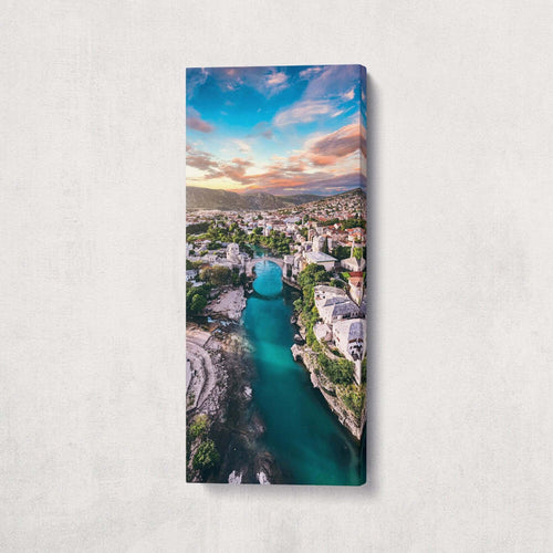 Mostar Neretva River at Sunset Canvas Eco Leather Print, Made in Italy!