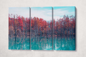 Red Trees Blue Pond Reflection Hokkaido Japan Wall Art Canvas Eco Leather Print 3 panels