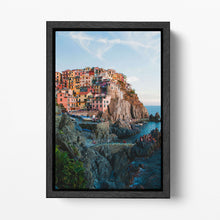 Load image into Gallery viewer, Manarola Italian Landscape Cinque Terre Liguria Wall Art Home Decor Eco Leather Print Black Frame