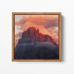 Sunset Dolomites Square Wall Decor Wood Frame Canvas Eco Leather Print