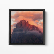 Laden Sie das Bild in den Galerie-Viewer, Sunset Dolomites Square Wall Decor Black Frame Canvas Eco Leather Print