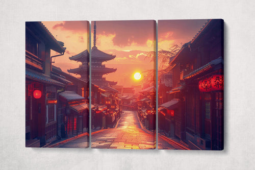 Golden Hour in Kyoto Lanterns' Glow Anime Canvas Wall Art Eco Leather Print, Made in Italy!