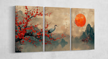 Load image into Gallery viewer, Harmony of the Vermilion Bloom Crane on a Scarlet Branch at Dusk Wall Art Home Decor Framed Canvas Print 3 Panels