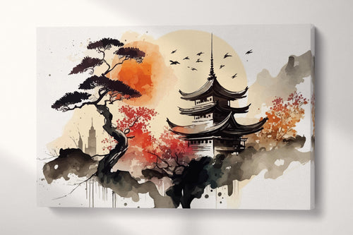 Japanese Pagoda in Autumn Serenity Ink Canvas Wall Art Eco Leather Print