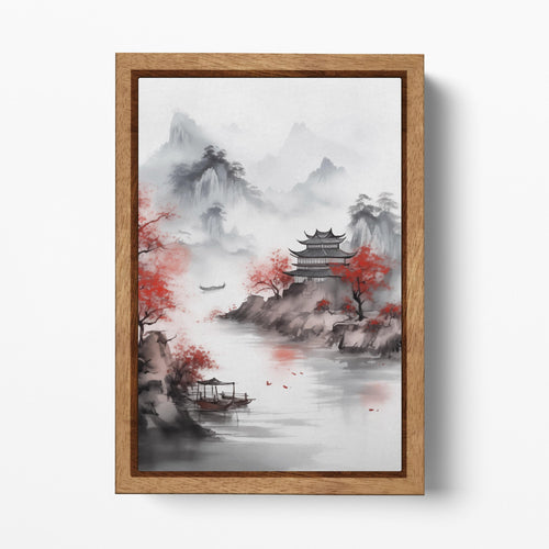 Mystical Waters: Asian Autumn Landscape with Pagoda on the Lake Canvas Wall Art Eco Leather Print Wood Frame