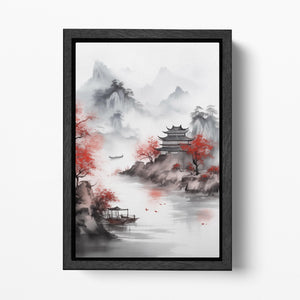 Mystical Waters: Asian Autumn Landscape with Pagoda on the Lake Canvas Wall Art Eco Leather Print Black Frame