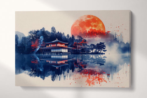 Crimson Moonrise Over Tranquil Waters Anime Canvas Wall Art Eco Leather Print