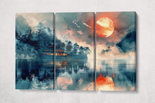 Laden Sie das Bild in den Galerie-Viewer, Serenity in the Glow of a Crimson Moon Anime Canvas Wall Art Eco Leather Print 3 Panels