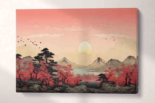 Blush of Dawn: A Dreamlike Sunrise in Ukiyo-e Style Artwork Canvas Wall Art Eco Leather Print