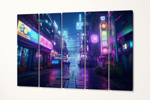 Urban Neon: A Cyberpunk Metropolis Canvas Wall Art Eco Leather Print 5 Pieces