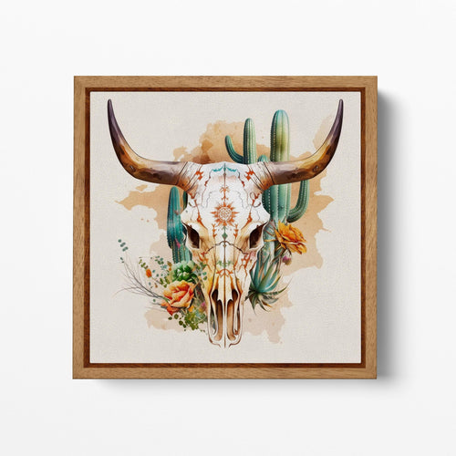 Desert Spirit - Western Longhorn Skull with Cacti and Blooms Wall Art Wood Framed Canvas Eco Leather Print