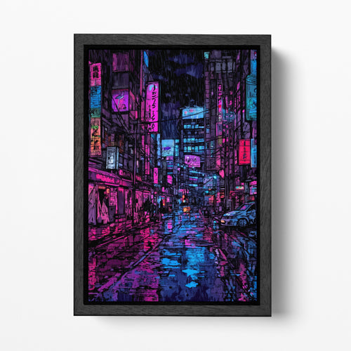 Neon City Street in the Rain - Cyberpunk Canvas Art | Futuristic Night Scene | Sci-Fi Wall Decor Eco Leather Print Black Frame