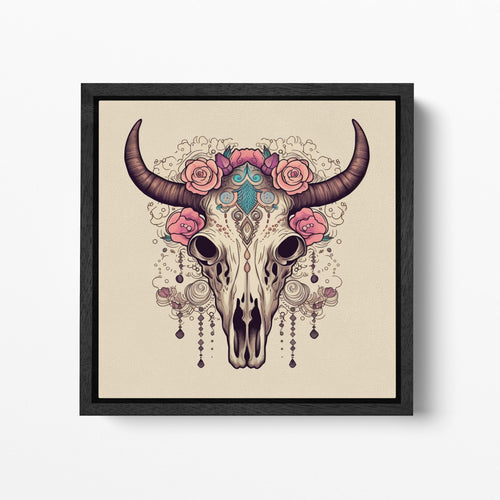 Floral Cow Skull Art Print - Boho Western Decor | Skull with Roses | Bohemian Tribal Wall Art Framed Canvas Eco Leather Print Black Frame