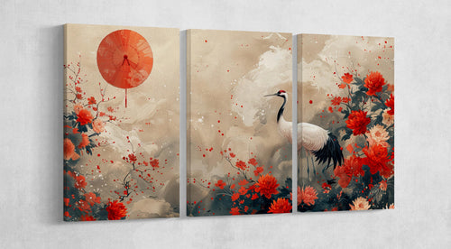 Asian Harmony in Bloom Crane Amid Chrysanthemums Wall Art Home Decor Framed Canvas Print 3 Panels