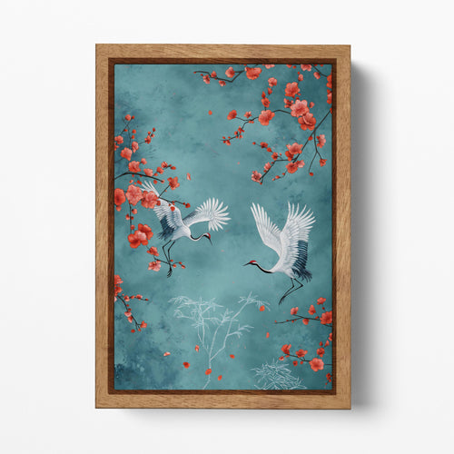 Japanese Art Cranes Blue Background Branches Blossoms Canvas Wall Art Eco Leather Print Wood Frame