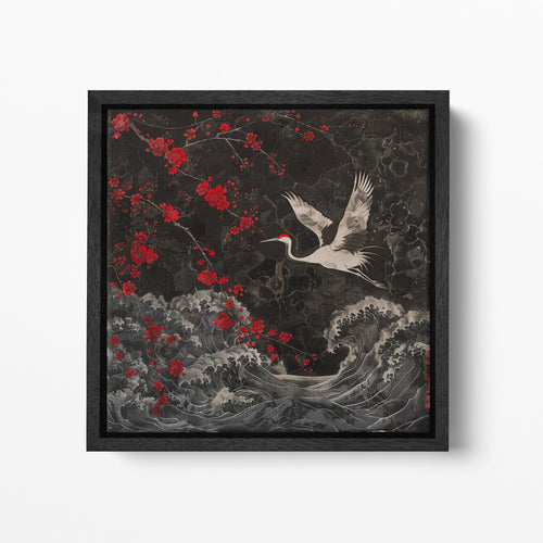 Crane in the Night Blossom Wall Art Framed Canvas Eco Leather Print, Made in Italy!