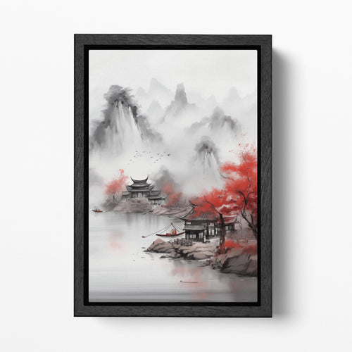 Chinese Lake and Mountain Landscape with Pagoda and Red Trees Canvas Wall Art Eco Leather Print, Made in Italy!