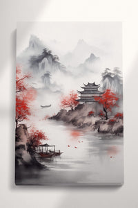 Mystical Waters: Asian Autumn Landscape with Pagoda on the Lake Canvas Wall Art Eco Leather Print