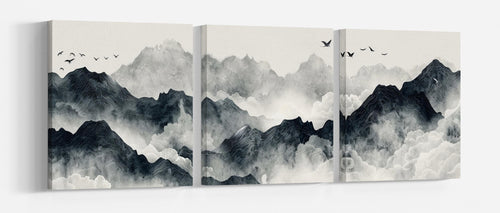 Mountain Serenity - Abstract Misty Peaks Chinese Style Wall Art Framed Eco Leather Canvas Print 3 Panels