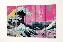 Laden Sie das Bild in den Galerie-Viewer, The Great Wave off Kanagawa Punk Edition in Pink Canvas Eco Leather Print Reproduction 5 Panels