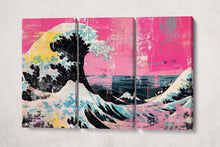 Laden Sie das Bild in den Galerie-Viewer, The Great Wave off Kanagawa Punk Edition in Pink Canvas Eco Leather Print Reproduction 3 Panels