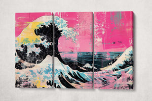 The Great Wave off Kanagawa Punk Edition in Pink Canvas Eco Leather Print Reproduction 3 Panels