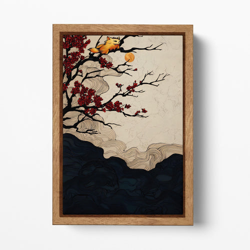 Moonlit Cat on Cherry Blossoms Eco Leather Canvas Wall Art Print Wood Frame