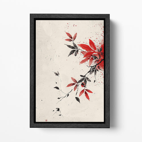 Ink Branches: Minimalist Chinese Brush Art Eco Leather Canvas Wall Decor Print Black Frame