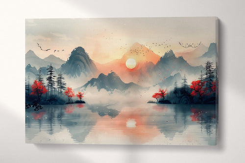 Dreamscape at Dawn: Mountains and Mist - Chinese Inspired Art Wall Decor Eco Leather Print