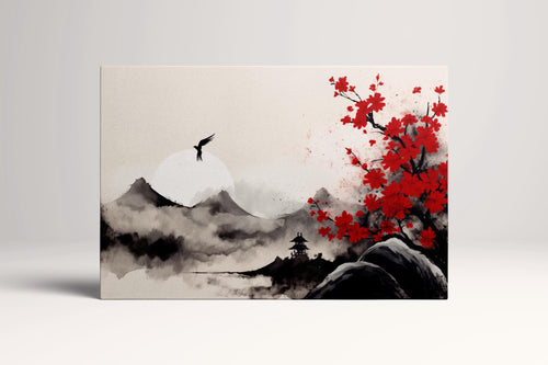 Energy in the Red Blossom Mountains - Asian Zen Wall Art Home Decor Eco Leather Print