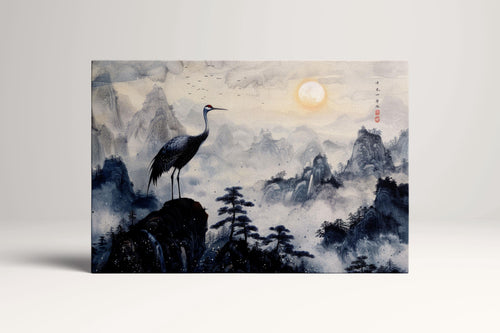 Majestic Crane in Misty Mountains Chinese Art Inspired Wall Decor Eco Leather Print